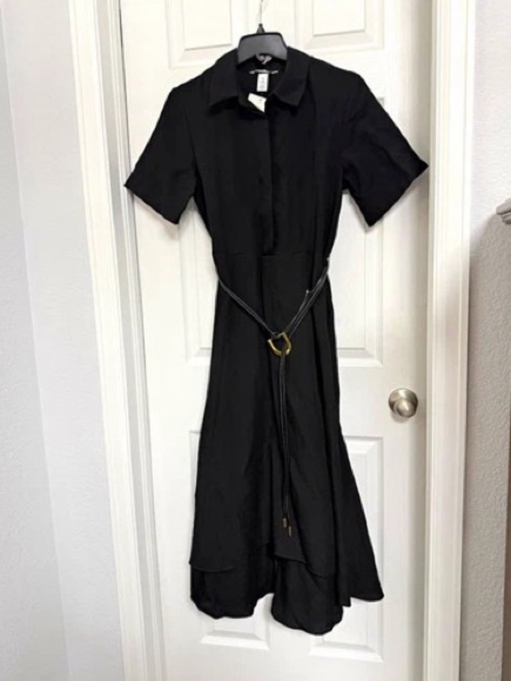 H&M Black Short-Sleeve Midi Shirt Dress with Tie Belt and Ring